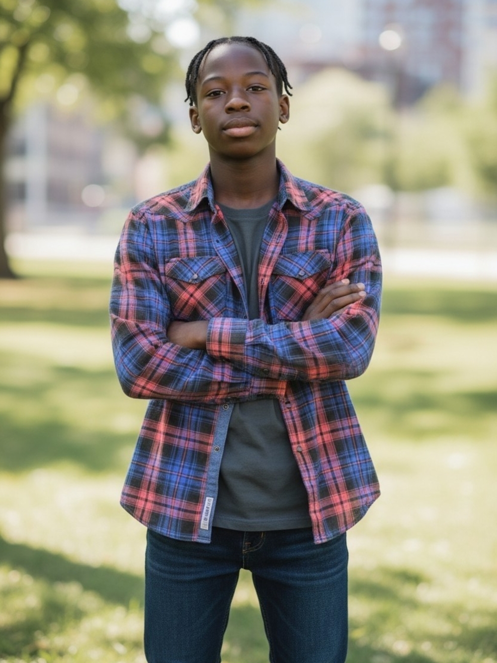 Men's Red and Blue Plaid Button-Down Shirt